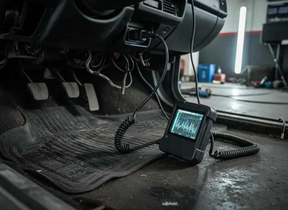 Handheld scan tool plugged into a car's diagnostic port