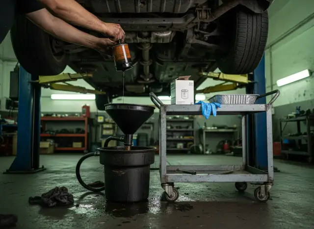 Oil change underway beneath a car on a lift