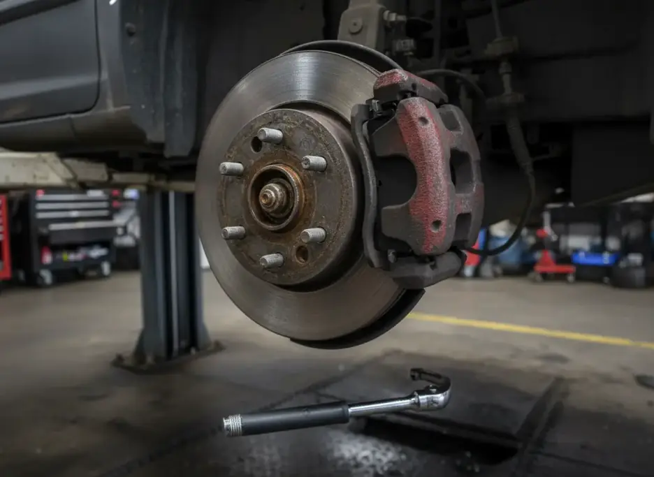 Brake rotor and caliper bracket on a car raised on a lift