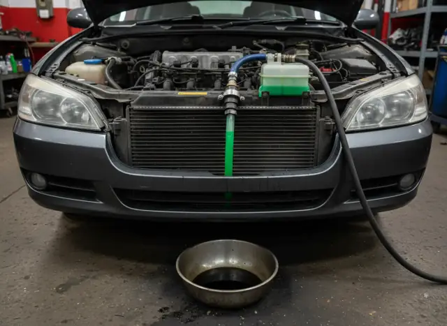 Coolant flush hose connected at a car's radiator