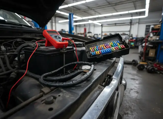 Multimeter probes on a car battery beside an open fuse box