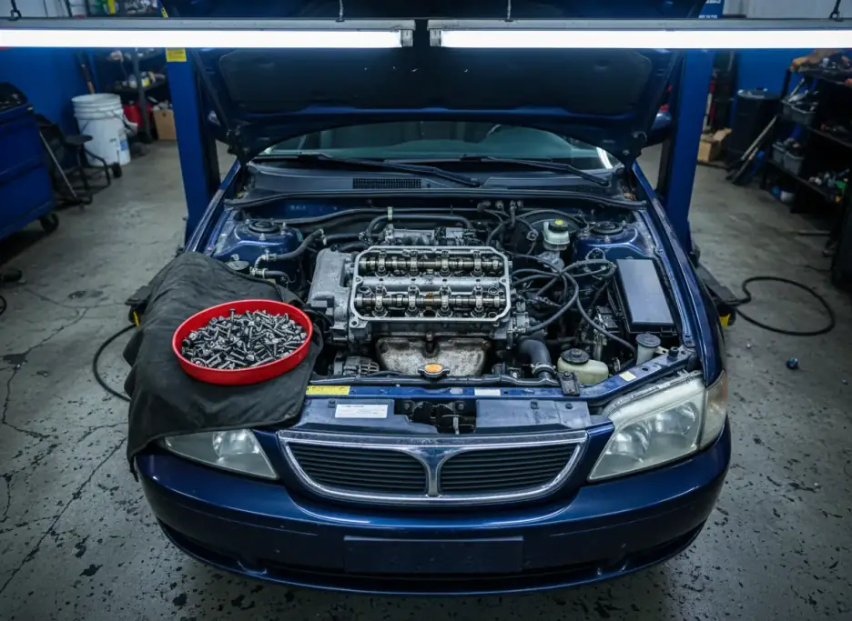 Open engine bay with the valve cover removed and a tray of bolts on the fender